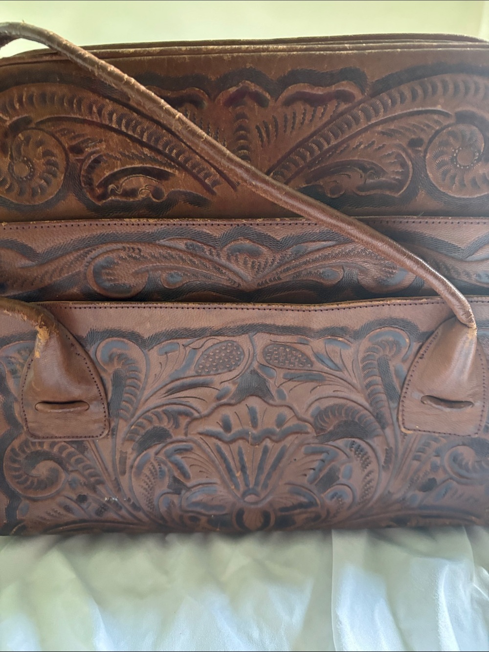 Brown Hand-Tooled Leather Shoulder Bag